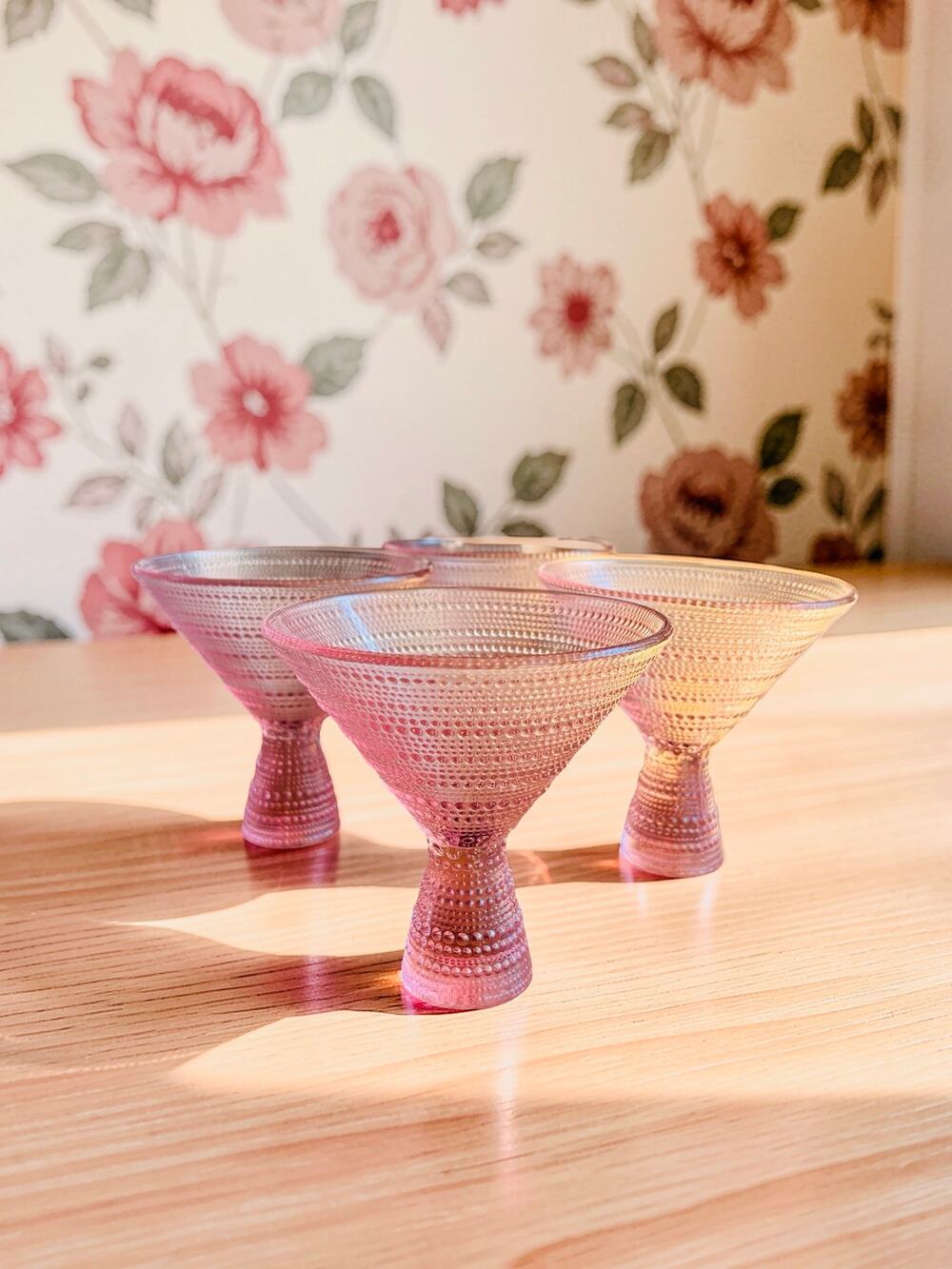 Set of 4 Pink Hobnail Glass Dessert Cups Pedestal Bowls Compotes Retro Style